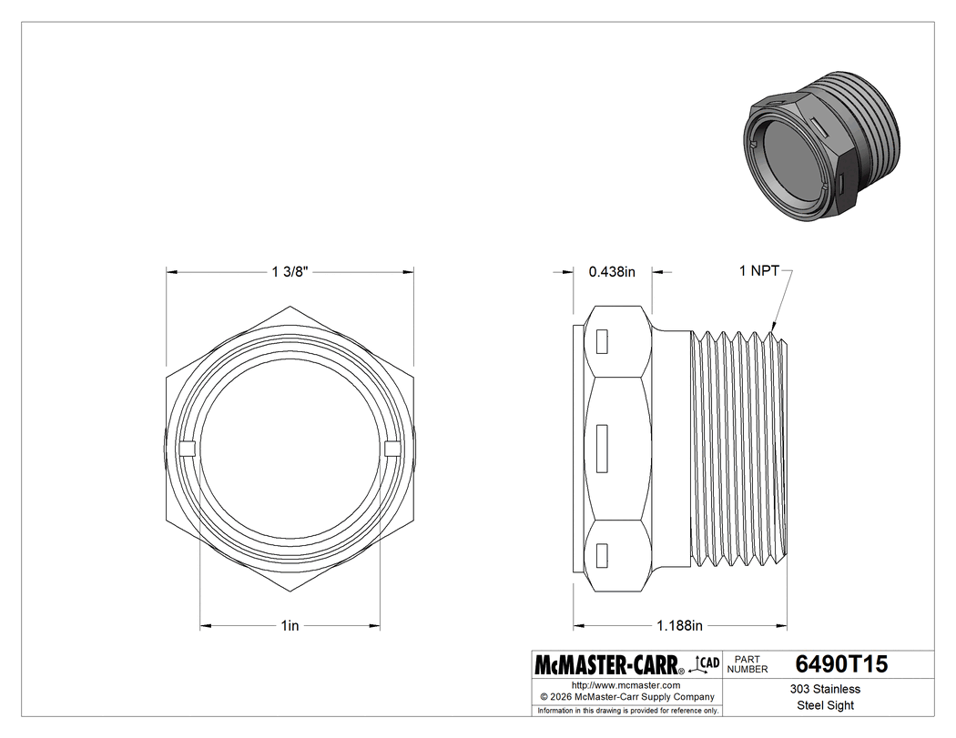 Technical Drawing of 303 Stainless Steel Sight, for Clear Liquid, 1 NPT Male.